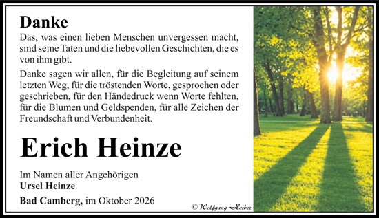 Traueranzeige von Erich Heinze von Camberger Anzeiger