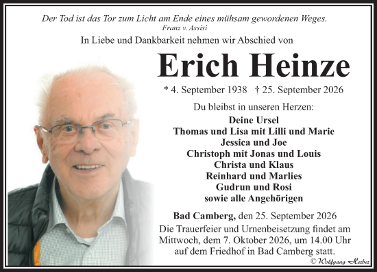 Traueranzeige von Erich Heinze von Camberger Anzeiger