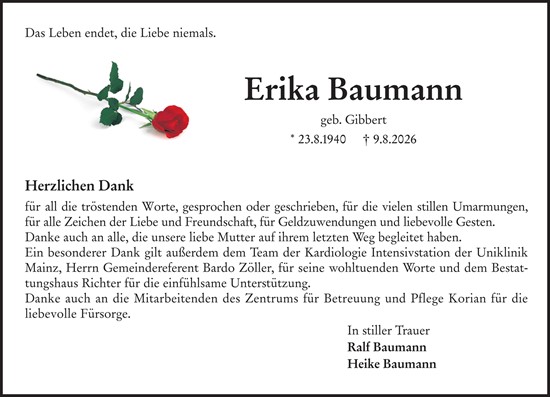 Traueranzeige von Erika Baumann von Allgemeine Zeitung Mainz