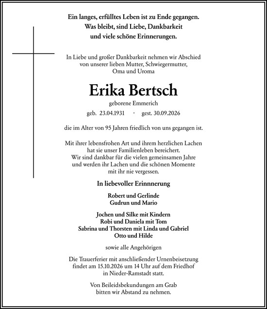 Traueranzeige von Erika Bertsch von Darmstädter Echo