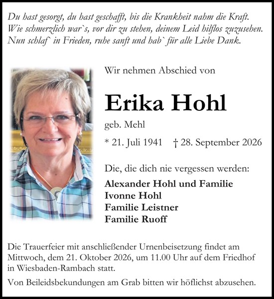 Traueranzeige von Erika Hohl von Wiesbadener Kurier
