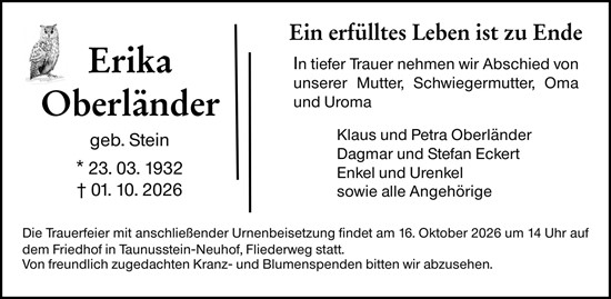 Traueranzeige von Erika Oberländer von Wiesbadener Kurier