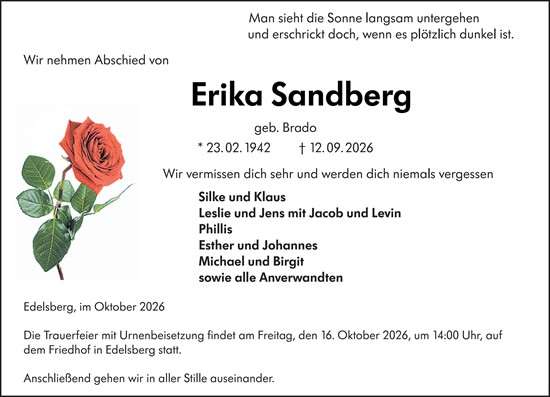 Traueranzeige von Erika Sandberg von Weilburger Tageblatt