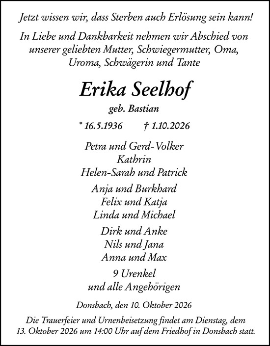 Traueranzeige von Erika Seelhof von Dill Block