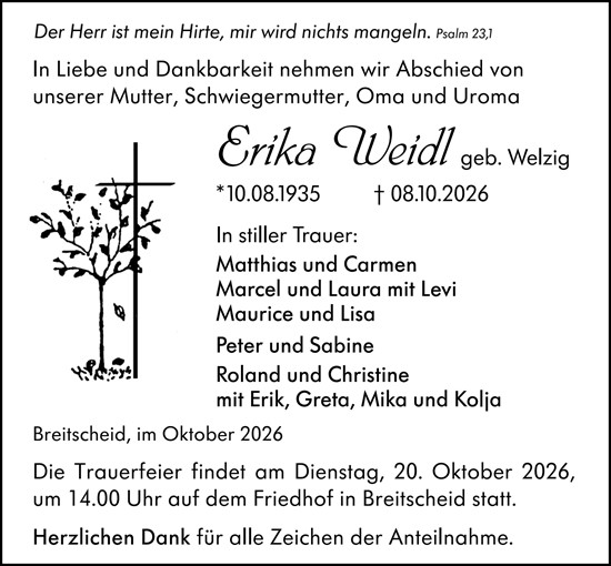 Traueranzeige von Erika Weidl von Dill Block