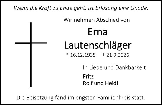 Traueranzeige von Erna Lautenschläger von Darmstädter Echo