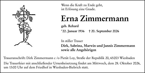 Traueranzeige von Erna Zimmermann von Wiesbadener Kurier