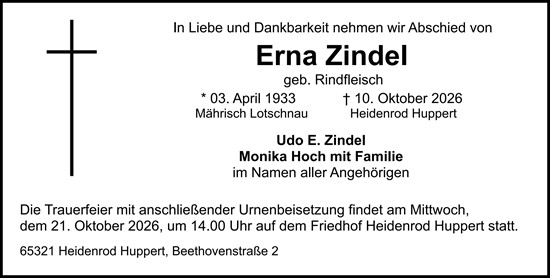 Traueranzeige von Erna Zindel von Wiesbadener Kurier