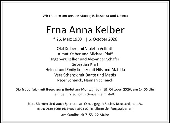 Traueranzeige von Erna Anna Kelber von Allgemeine Zeitung Mainz