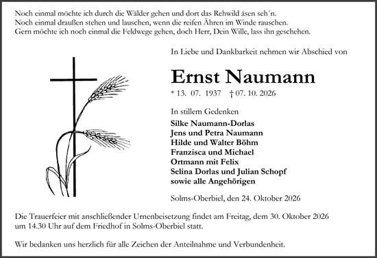 Traueranzeige von Ernst Naumann von Wetzlarer Neue Zeitung
