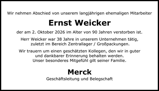 Traueranzeige von Ernst Weicker von Darmstädter Echo