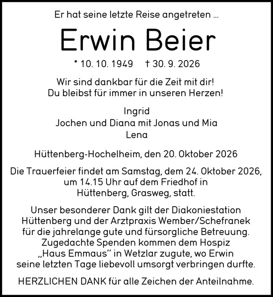 Traueranzeige von Erwin Beier von Wetzlarer Neue Zeitung