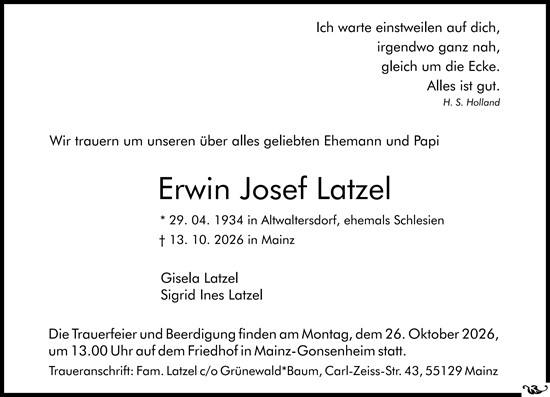 Traueranzeige von Erwin Josef Latzel von Allgemeine Zeitung Mainz