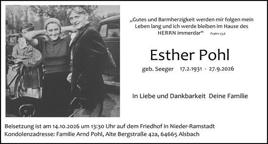 Traueranzeige von Esther Pohl von Darmstädter Echo