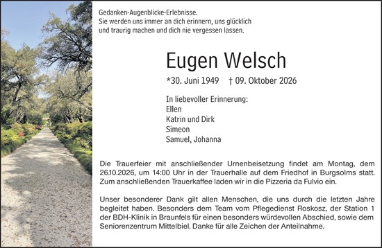Traueranzeige von Eugen Welsch von Wetzlarer Neue Zeitung