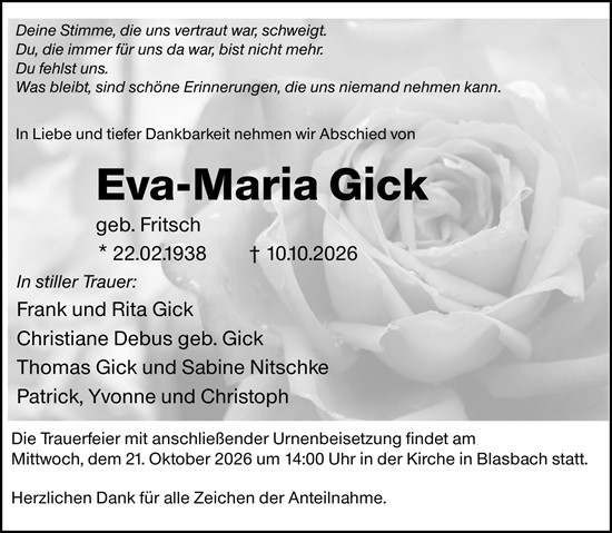 Traueranzeige von Eva-Maria Gick von Wetzlarer Neue Zeitung