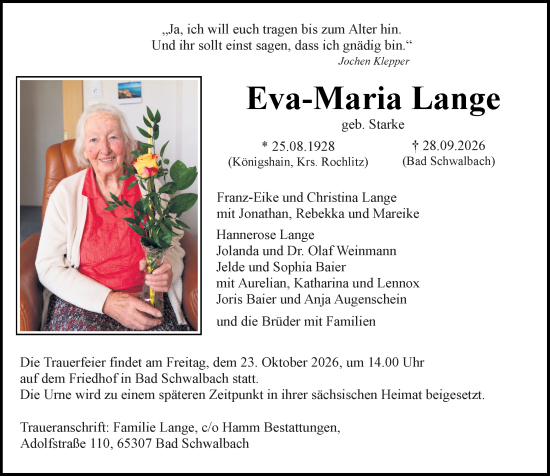 Traueranzeige von Eva-Maria Lange von Wiesbadener Kurier