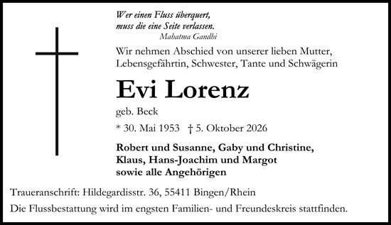 Traueranzeige von Evi Lorenz von Binger-/Ingelheimer Wochenblatt
