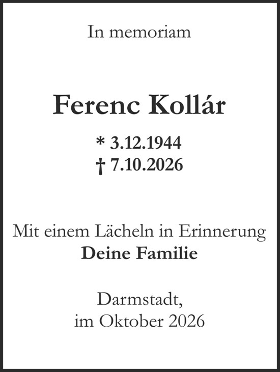 Traueranzeige von Ferenc Kollár von Darmstädter Echo