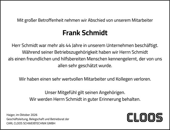 Traueranzeige von Frank Schmidt von Dill Block
