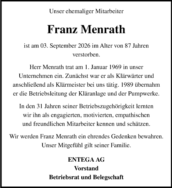 Traueranzeige von Franz Menrath von Odenwälder Echo