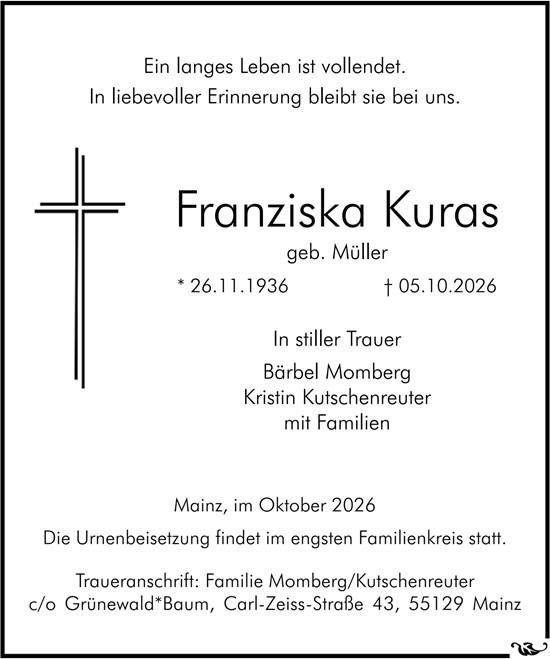 Traueranzeige von Franziska Kuras von Allgemeine Zeitung Mainz