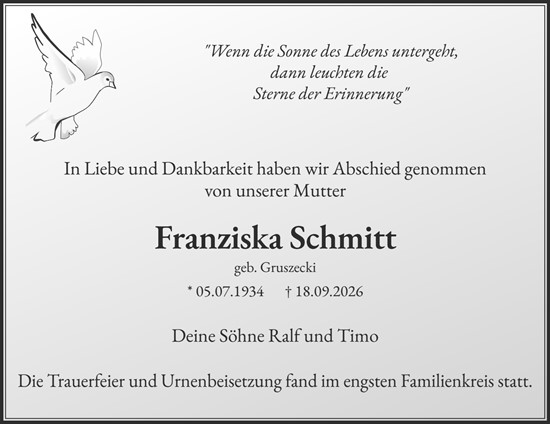 Traueranzeige von Franziska Schmitt von Rheingau-Taunus-Kreis Wochenblatt