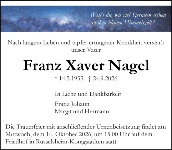 Traueranzeige von Franz Xaver Nagel von Rüsselsheimer Echo