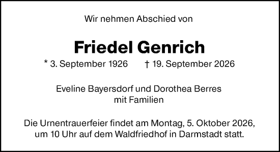 Traueranzeige von Friedel Genrich von Darmstädter Echo