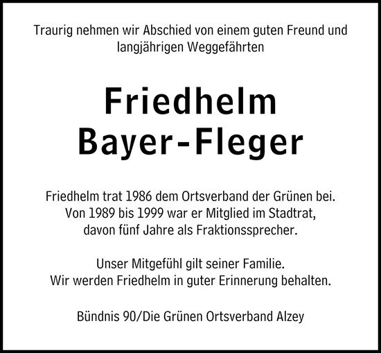 Traueranzeige von Friedhelm Bayer-Fleger von Allgemeine Zeitung Alzey