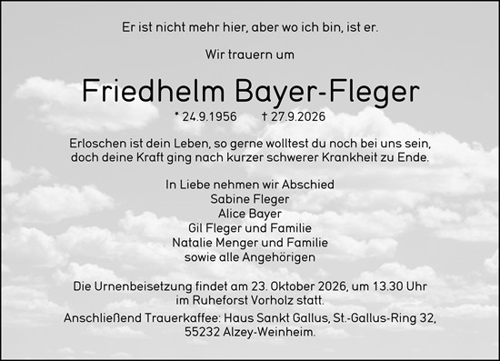 Traueranzeige von Friedhelm Bayer-Fleger von Allgemeine Zeitung Alzey