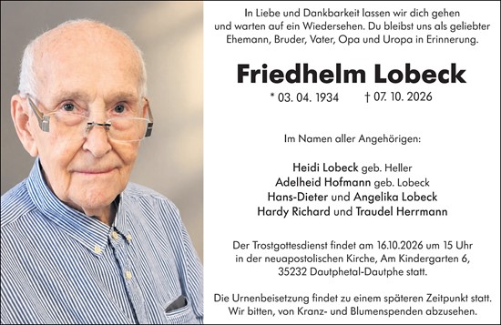 Traueranzeige von Friedhelm Lobeck von Hinterländer Anzeiger