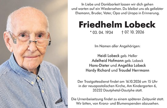 Traueranzeige von Friedhelm Lobeck von Hinterländer Anzeiger