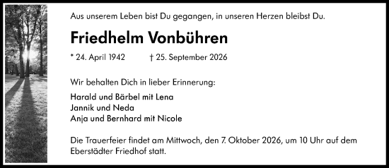 Traueranzeige von Friedhelm Vonbühren von Darmstädter Echo
