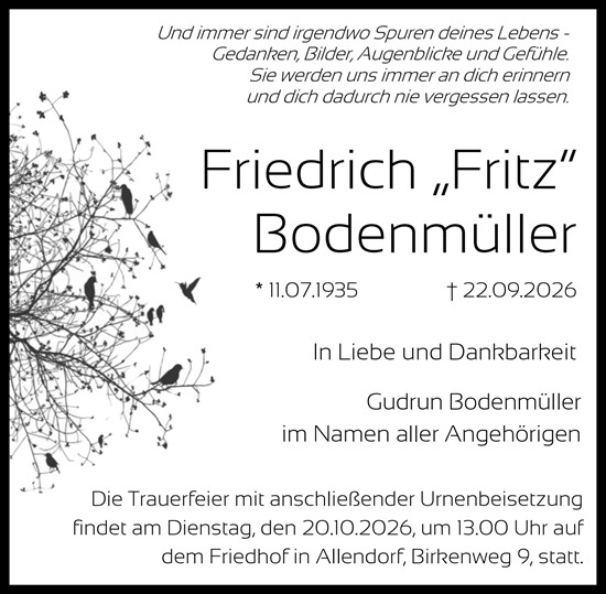 Traueranzeige von Friedrich Bodenmüller von Weilburger Tageblatt