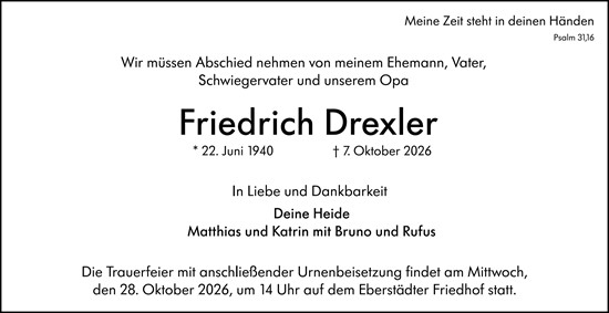 Traueranzeige von Friedrich Drexler von Darmstädter Echo