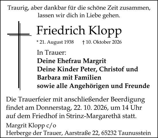 Traueranzeige von Friedrich Klopp von Wiesbadener Kurier