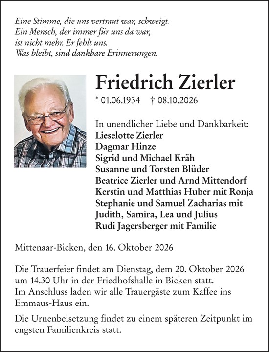 Traueranzeige von Friedrich Zierler von Dill Block