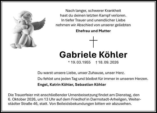 Traueranzeige von Gabriele Köhler von Darmstädter Echo