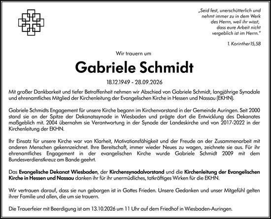 Traueranzeige von Gabriele Schmidt von Wiesbadener Kurier
