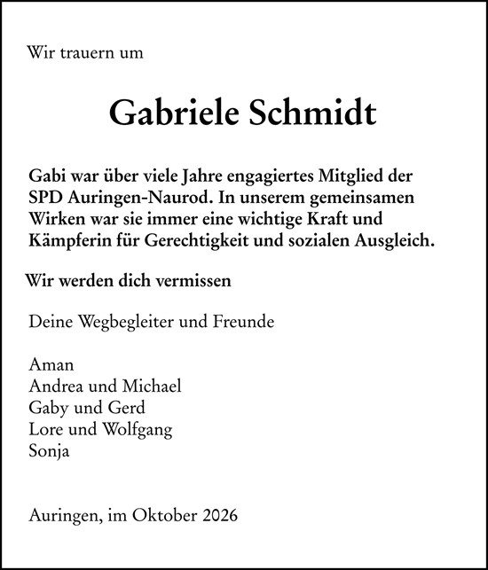 Traueranzeige von Gabriele Schmidt von Wiesbadener Kurier