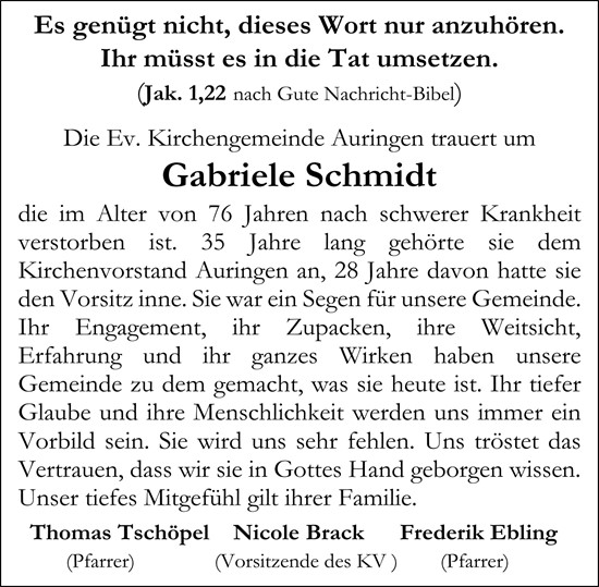 Traueranzeige von Gabriele Schmidt von Wiesbadener Kurier