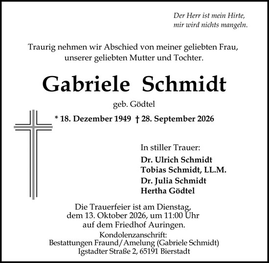 Traueranzeige von Gabriele Schmidt von Wiesbadener Kurier