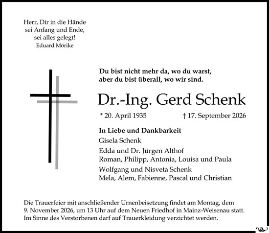 Traueranzeige von Gerd Schenk von Allgemeine Zeitung Mainz