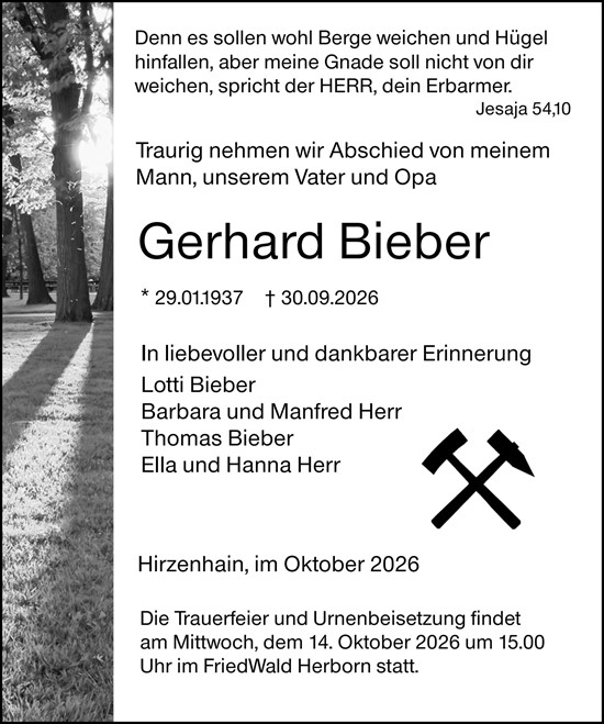 Traueranzeige von Gerhard Bieber von Dill Block
