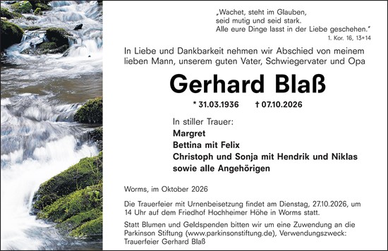 Traueranzeige von Gerhard Blaß von Wormser Zeitung