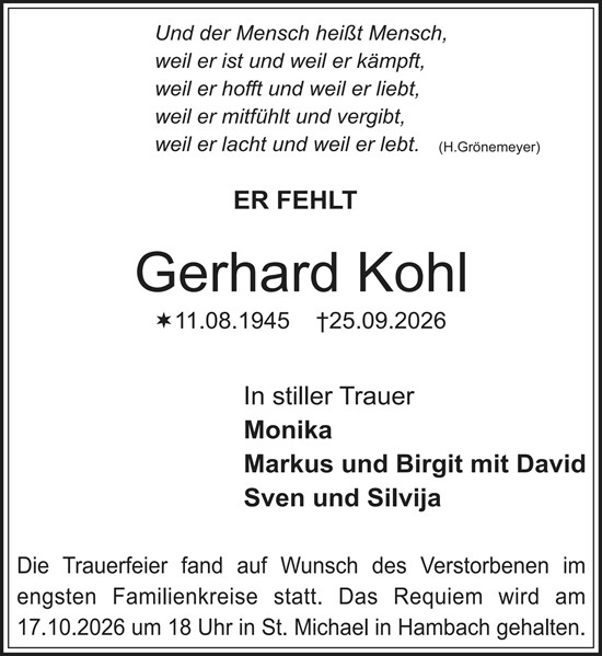 Traueranzeige von Gerhard Kohl von Starkenburger Echo