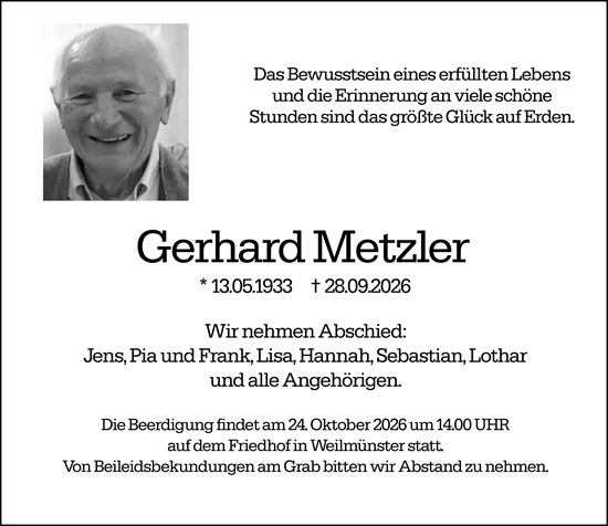 Traueranzeige von Gerhard Metzler von Weilburger Tageblatt