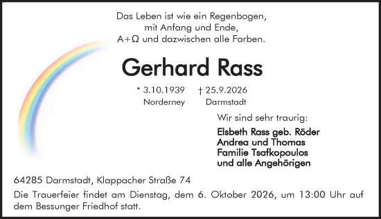 Traueranzeige von Gerhard Rass von Darmstädter Echo