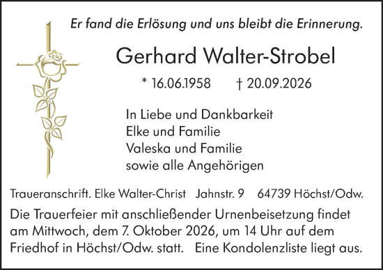 Traueranzeige von Gerhard Walter-Strobel von Odenwälder Echo